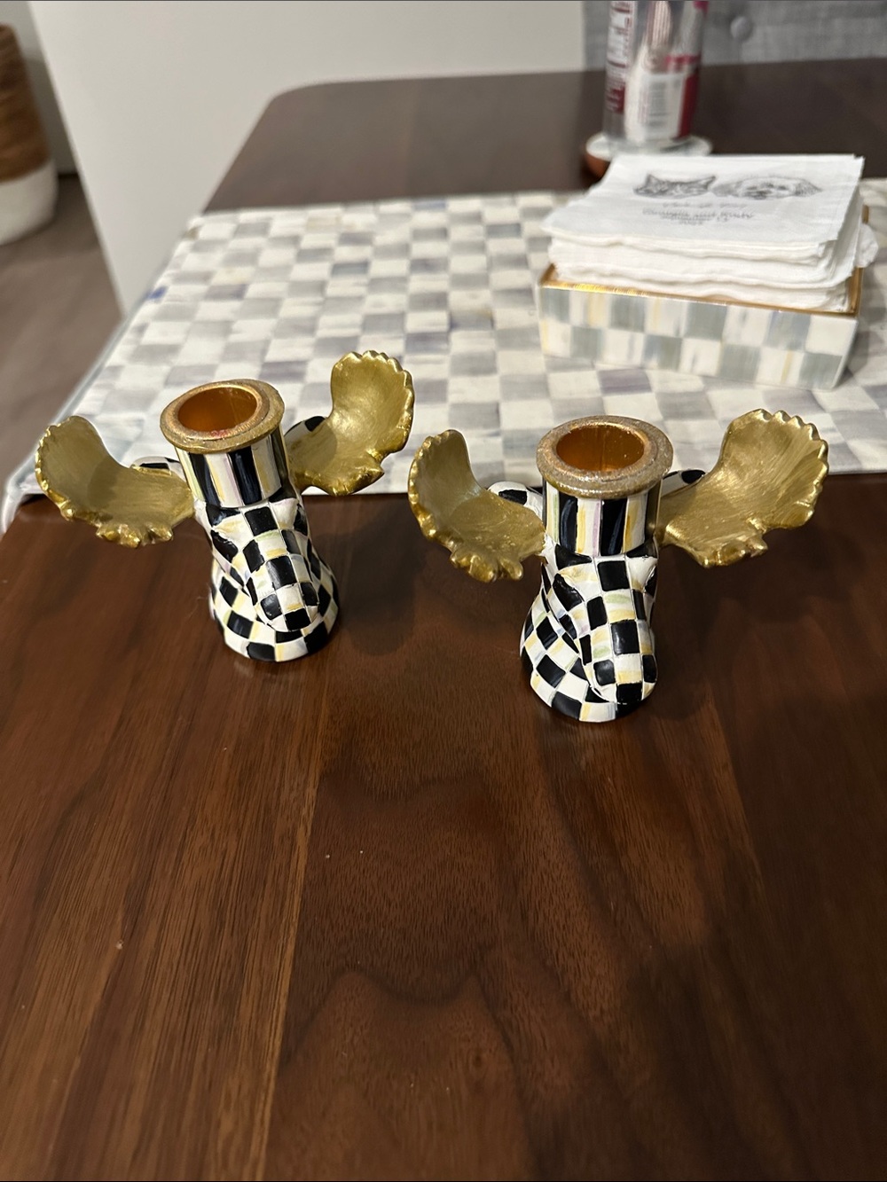 Mackenzie Childs Hand-Painted Gold & Black Check Ceramic Candlestick Set